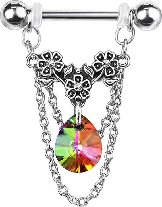 Produktbild Star Piercing Barbell silber Blumen mit Kristall dunkel multicolor und Anhänger Kette (Messing, Chirurgenstahl 316L)