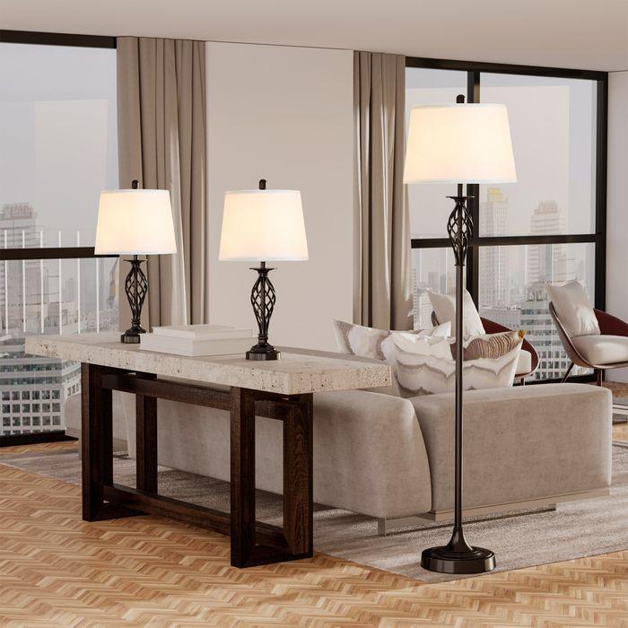 Image du produit Swisshandel24 Set de 3 lampes 2 lampes à poser (ø38 x 158H cm) + 1 lampadaire (ø30 x 62H cm) Métal, PS (E27)