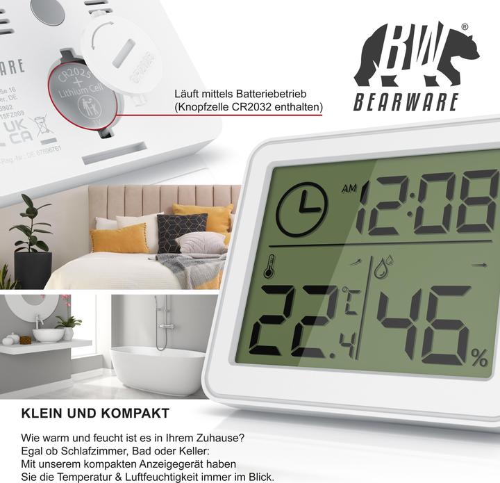 Produktbild Bearware Thermometer & Hygrometer, Temperatur, Luftfeuchtigkeit & Uhrzeit, Innenwetterstation, Magnethalter