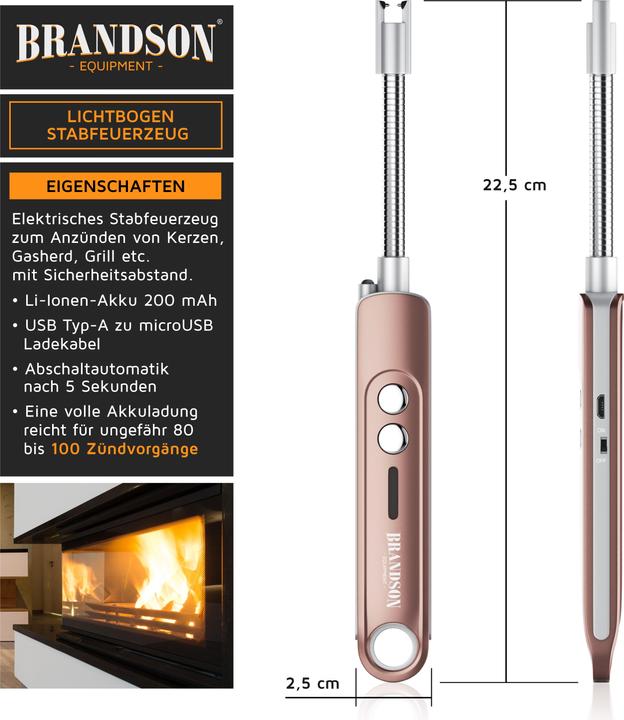 Produktbild Brandson Stabfeuerzeug elektrisch, Lichtbogen Feuerzeug, Kerzenanzünder, USB aufladbar, für Kamin, Grill