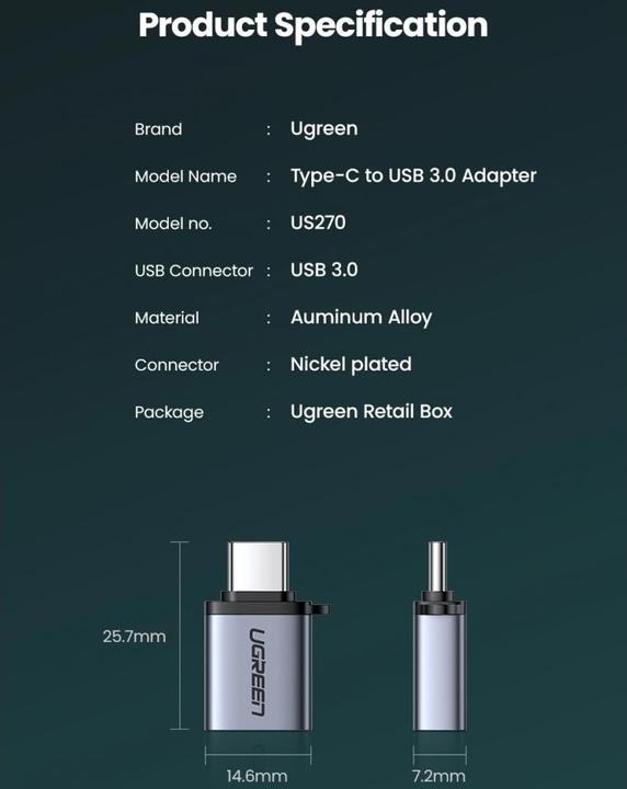 Produktbild Ugreen USB-C 3.1 zu USB-A 3.0 Buchse Adapter (USB Typ C, USB-A)