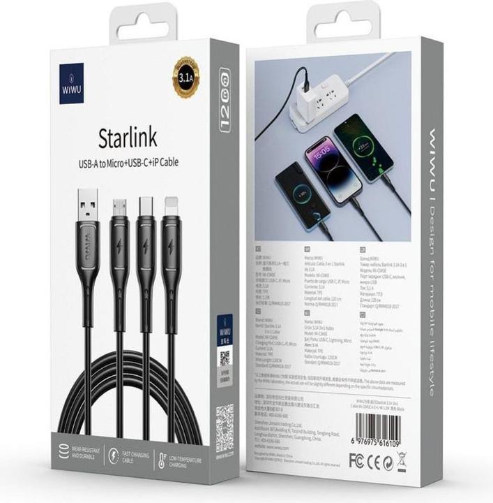 Image du produit Wiwu Starlink Series 3.1A 3in1 cable Wi-C045E A-C+L+M Black (1 m)