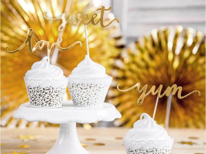 Immagine prodotto Partydeco Set di cake topper amore, dolce, yum 13 cm, 6 pezzi, oro