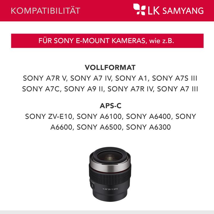 Immagine prodotto Samyang V-AF 20mm F1.9 Sony E-mount (Sony E, Full-frame, APS-C / DX)