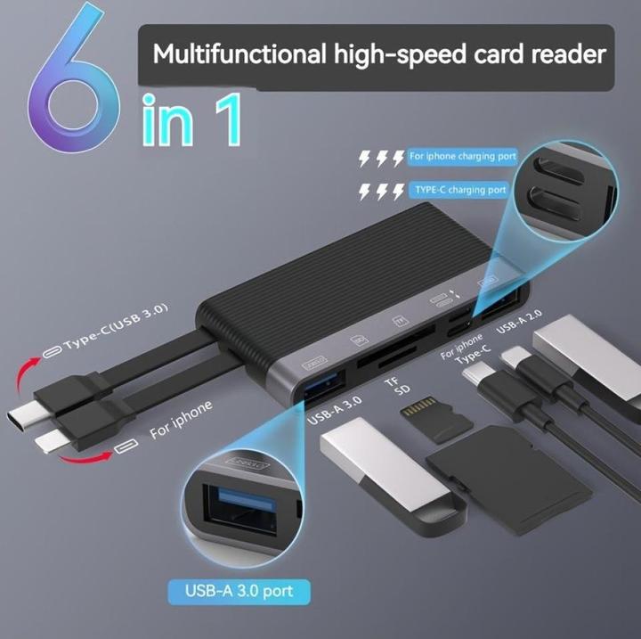 Produktbild PowerGuard 6-in-1 Multifunction Card Reader Photo USB 3.0 Adapter Lightning & Type-C