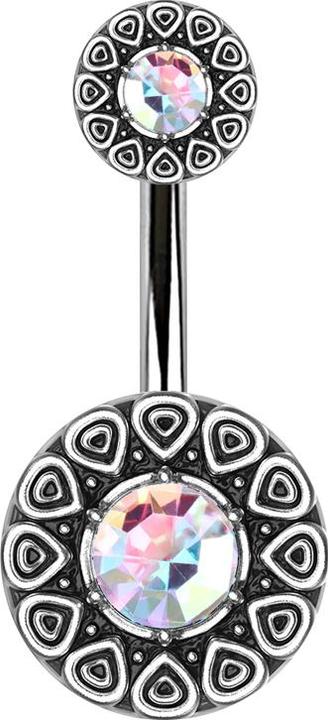 Produktbild Star Piercing Banane silber Tribal Schild rund mit Kristall multicolor (Messing, Chirurgenstahl 316L)