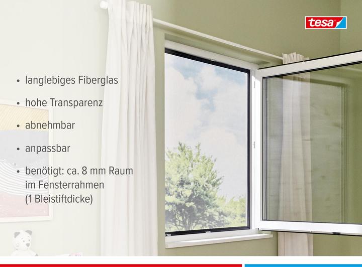 Produktbild tesa CLIP-ON Insektenschutz mit Anklipsrahmen für Fenster, zuschneidbarer Rahmen, ohne Bohren (120 x 140 cm)