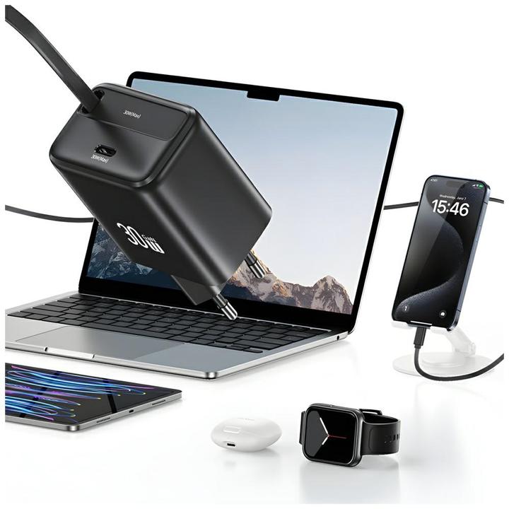 Immagine prodotto Usams Ład. siec. 1xUSB-C ze zwijanym kablem USB-C Retractable PD+QC 30W Gan Fast Charging czarny/bla (30 W)