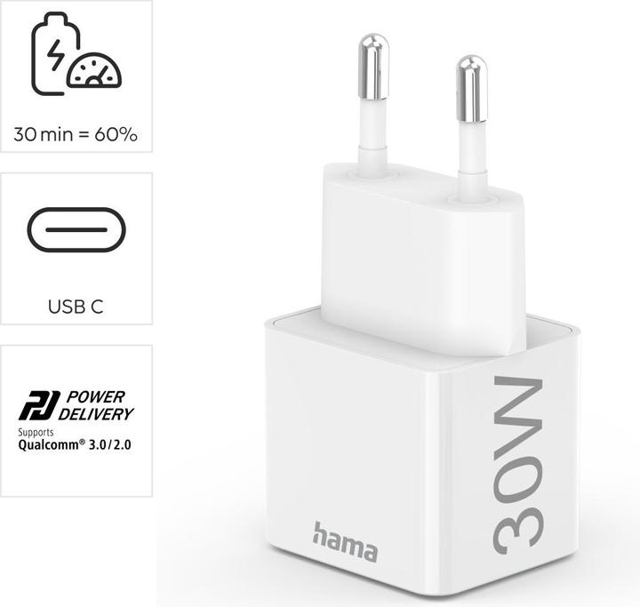 Productafbeelding Hama Snellader, USB-C, PD/Qualcomm®/GaN, Minilader, 30 W, Wit (30 W)