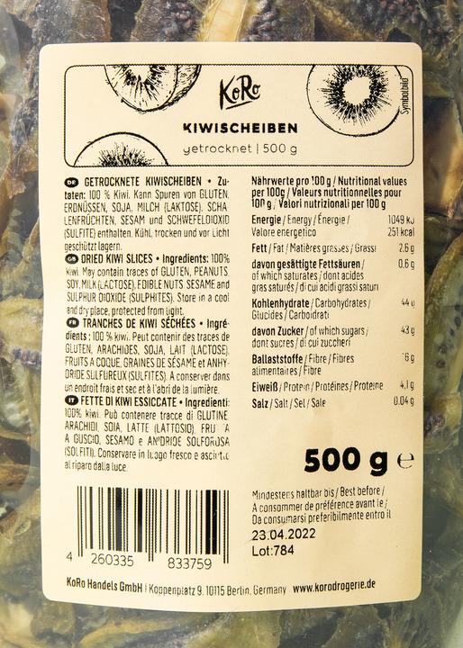 Nährwerte und Zutaten KoRo Getrocknete Kiwischeiben (500 g)