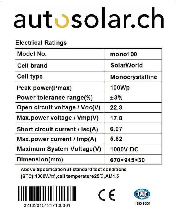 Produktbild Autosolar 100 Watt Solarpanel (100 W, 7.20 kg)