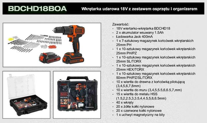 Produktbild Black & Decker BDCHD18BOA, 2 Akkus & 160tlg. Zubehörset (Akkubetrieb)