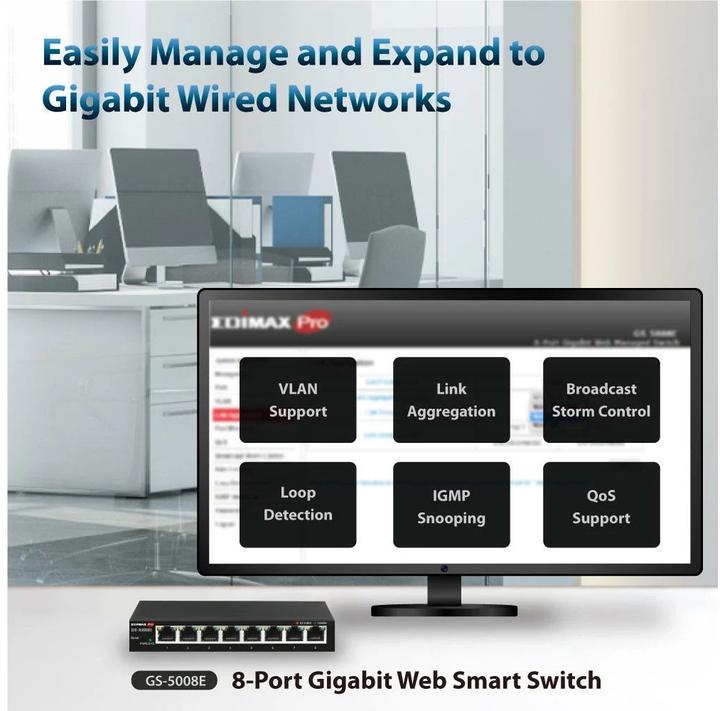 Actual product image edimax 8-Port Gigabit Web Smart Switch GS-5008E Web managed, Wall-mountable, Power supply type External, Et (8 Ports)