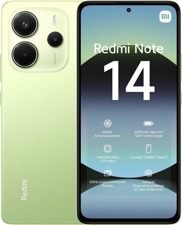 Produktbild Xiaomi Redmi Note 14 (256 GB, Lime Green, 6.67", Hybrid Dual SIM, 108 Mpx, 4G)