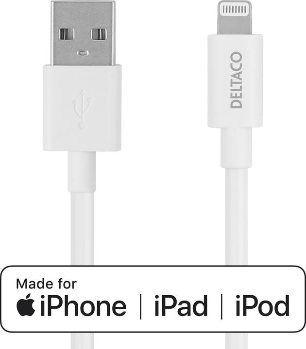 Produktbild Deltaco Lightning cable USB-A -Lightning, 1m, Apple C189 chipset, MFi, FSC-labeled packaging, white (1 m, USB 2.0)