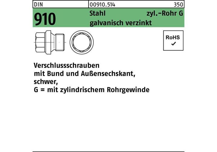 Produktbild Verschlussschraube DIN 910 m.Bund/Aussen-6-kant G 3/4 A Stahl galvanisch verzinkt