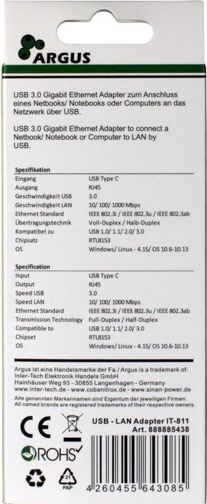Actual product image Intertech Argus IT-811 Adapter USB Type C - GbitLAN (USB-C, RJ45 Gigabit Ethernet (1x))