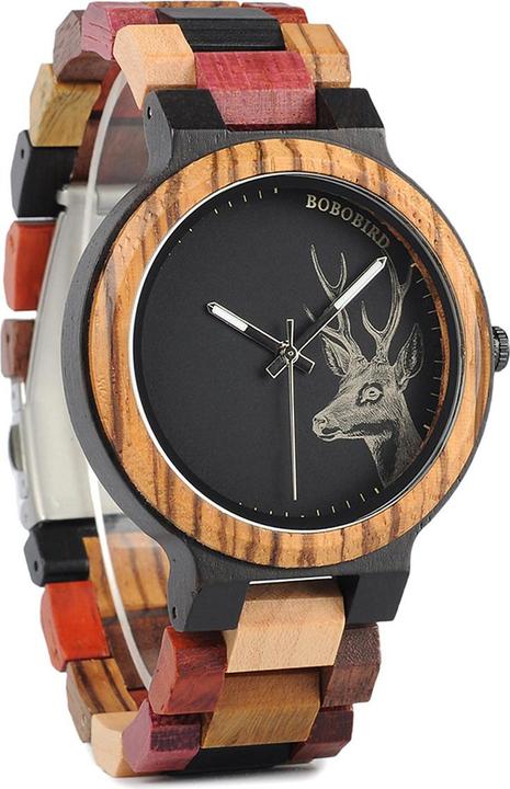 Natura Punto Elegante Uhr aus Bambus, Sandel-, und Ebenholz, aufgemaltem Hirschkopf
