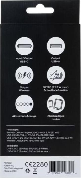 Produktbild Onit Powerbank Solar Pro 10000 mAh, Akkutyp: Lithium-Polymer (10000 mAh, 20 W, 37 Wh)