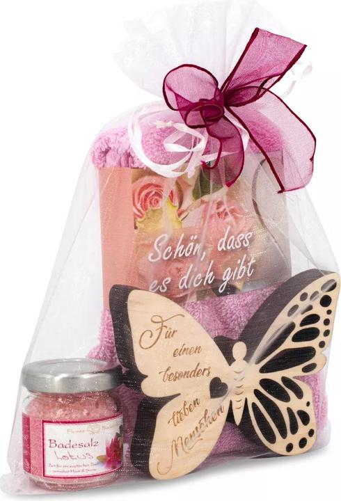 Produktbild ZNatur Geschenkset Zirben Holz Schmetterling mit Gravur Lieber Mensch Badesalz & Tuch No.39 (Körperpflegeset)