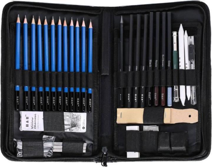 Image du produit I Am Creative Professionelles Skizzen Zubehör Set, Kohlenstifte / Bleistifte + Tasche 40-teilig (Noir, 40 x)
