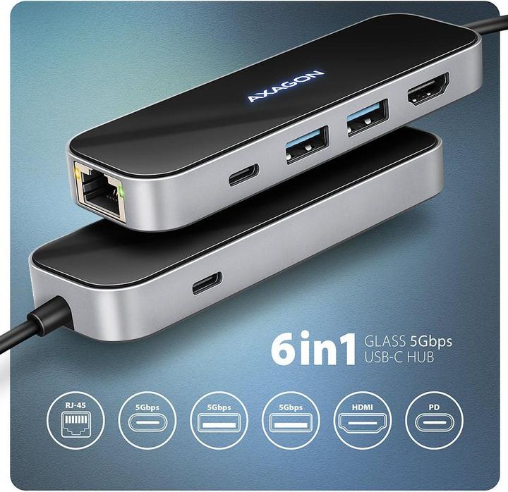 Produktbild Axagon HMC-6GLN USB-C 5Gbps GLASS 6in1 hub (USB-C, 6 Ports)