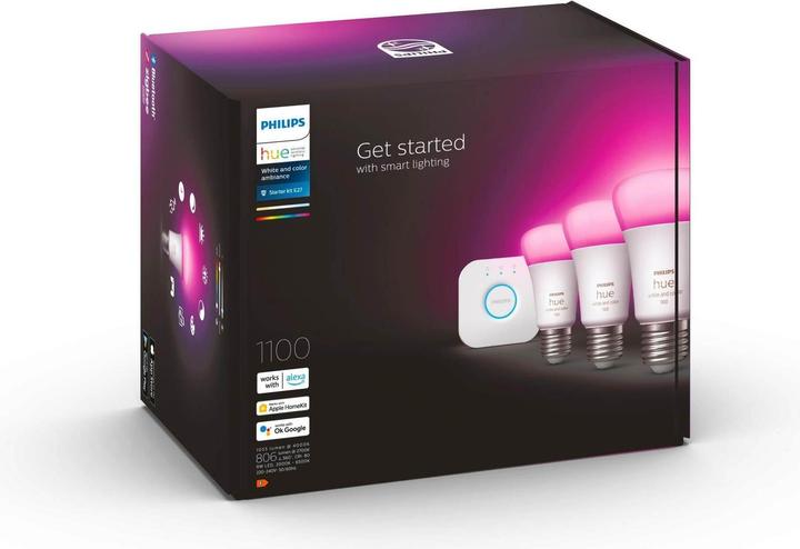 Produktbild Philips Hue Starter-Kit (E27, 9 W, 1055 lm, 3 x, F)