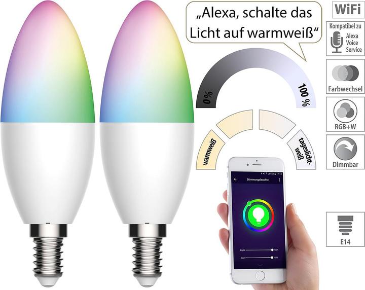 Produktbild Luminea 2er-Set WLAN-LED-Lampen, für Amazon Alexa/GA, E14, RGB, CCT, 5,5 W (E14, 470 lm, 2 x, F)