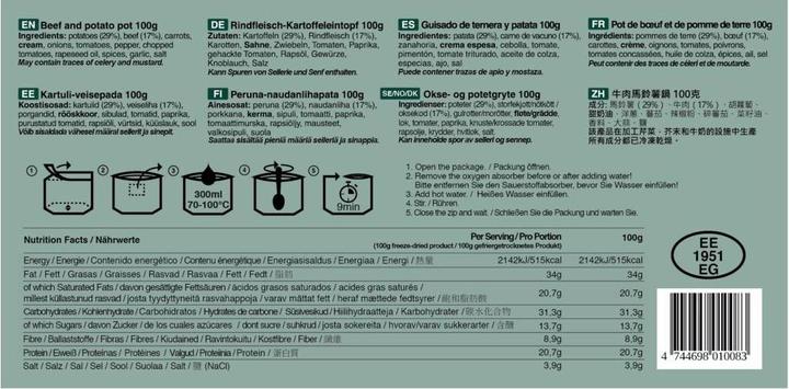 Valori nutrizionali e ingredienti Tactical Foodpack Manzo e patate in pentola (100 g)