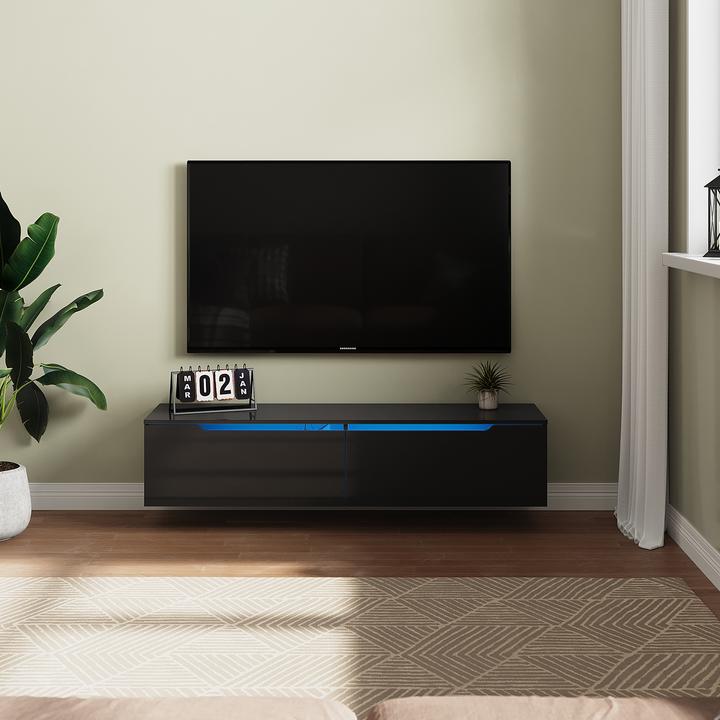 Image du produit SONNI Panneau TV noir extra-plat, brillant, avec éclairage LED (réglable en 12 couleurs), avec porte