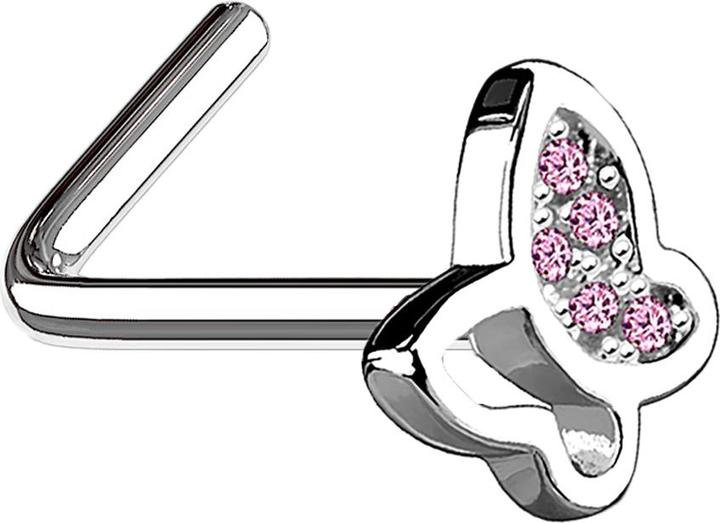 Image du produit Star Piercing Nasenstecker gewinkelt silber mit Schmetterling und Kristall pink (Laiton, Acier chirurgical 316L)