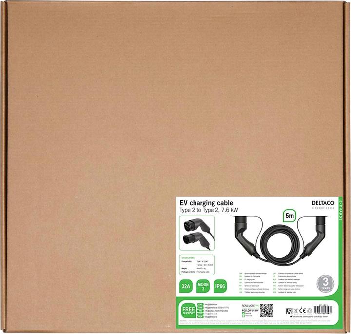Actual product image Deltaco EV charging cable, e-car & hybrid, Type2 to Type2, 32 A, 7.6 kW, 1-phase (Type 2, 7.60 kW, 32 A, 5 m)