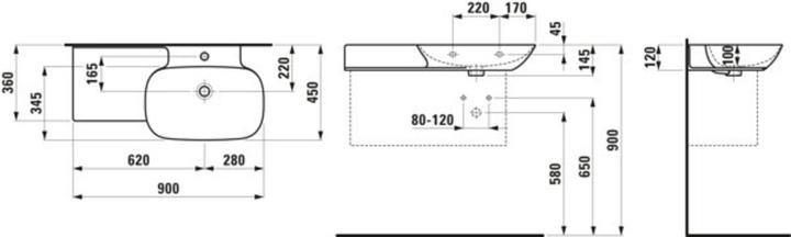 Actual product image Laufen INO washbasin, without tap hole, with overflow, ceramic shelf left, 900x450mm, H813301 (425 mm, 900 mm)