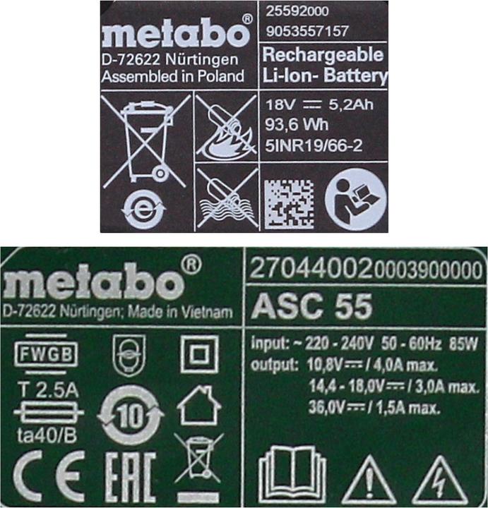 Image du produit Metabo Kit de base batterie 18V avec 1x batterie 5,2Ah ( 625592000 ) + chargeur ASC 55 ( 627044000 ) (18 V)