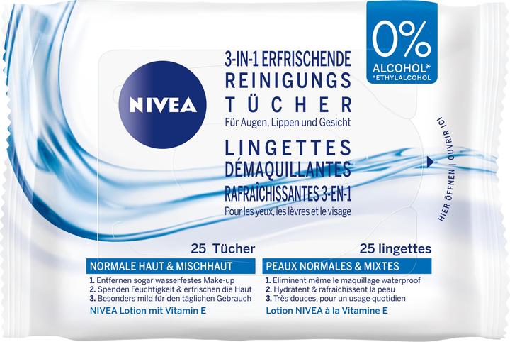 NIVEA 3in1 Erfrischende Reinigungstücher (Chiffons de nettoyage, 25000 ml)