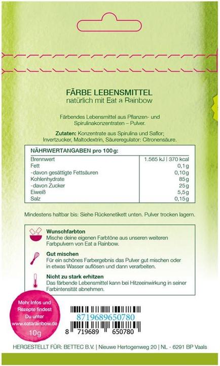 Nutritional values and ingredients Eat a Rainbow Coloring food green (10g)