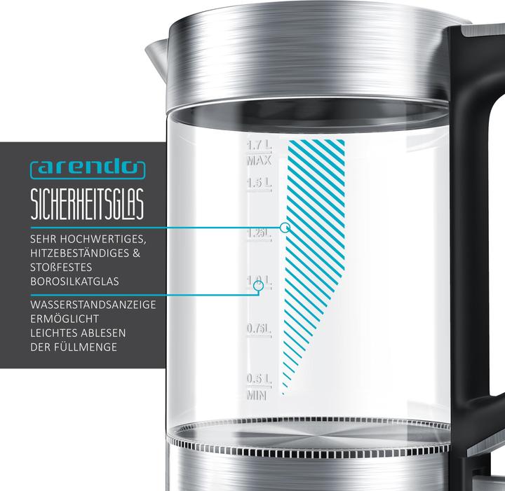 Actual product image Arendo Kettle 1.7 l, 2200 W, stainless steel & glass, cool-touch handle, overheating & dry-boil protection (1.70 l)