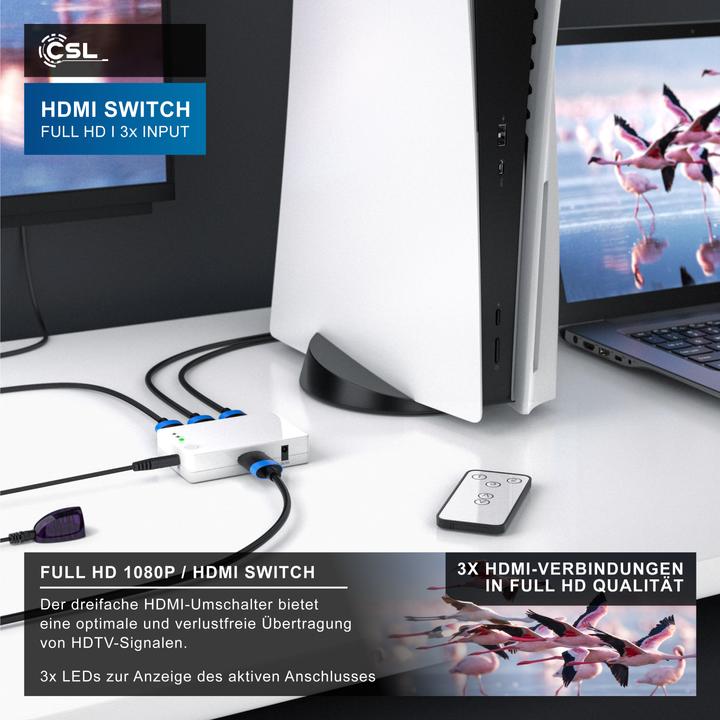 Produktbild CSL 3 Port HDMI Switch, Audio / Video Verteiler mit Verstärker, 3D, Full HD, inkl. Fernbedienung, weiss