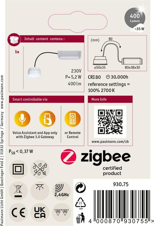 Actual product image Paulmann Coin Zigbee (GU10, 5.20 W, 400 lm, 1 x, G)