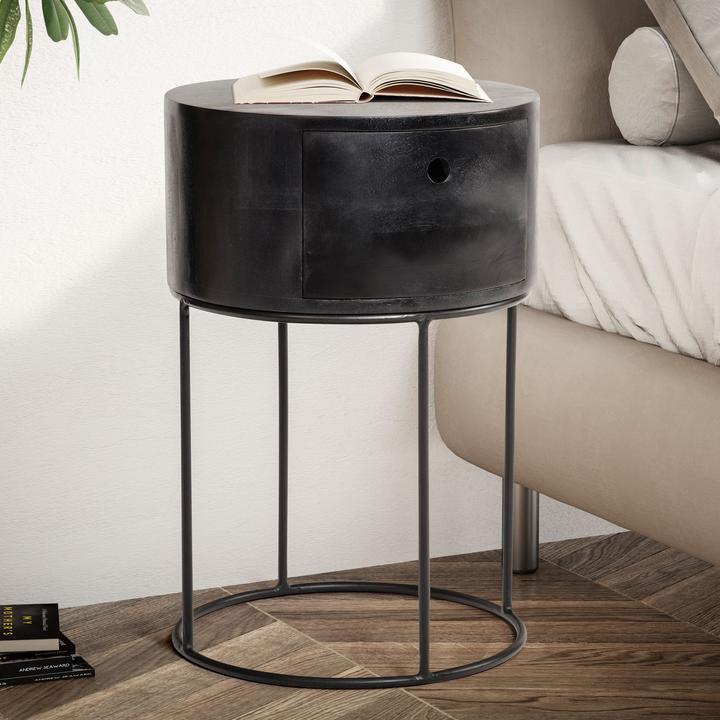 Produktbild FineBuy Nachttisch Nachtkonsole Boxspringbett Holz Massiv 60 cm Schublade Rund (40 x 40 x 60 cm)