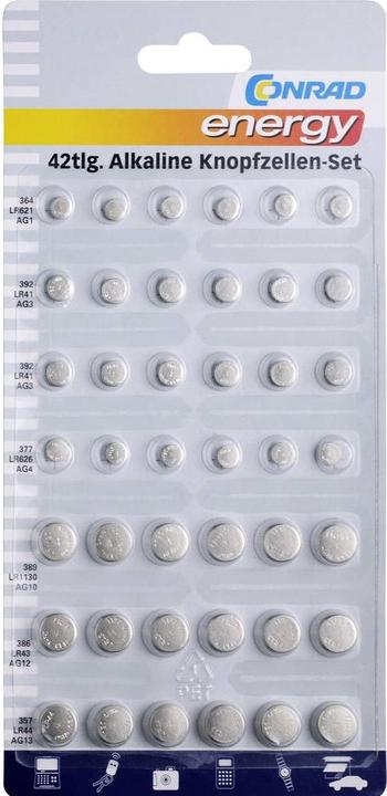 Produktbild Conrad energy Alkali Knopfzellenset 42 tlg (42 Stk., AG10, AG12, LR44, AG1, LR41, AG4)