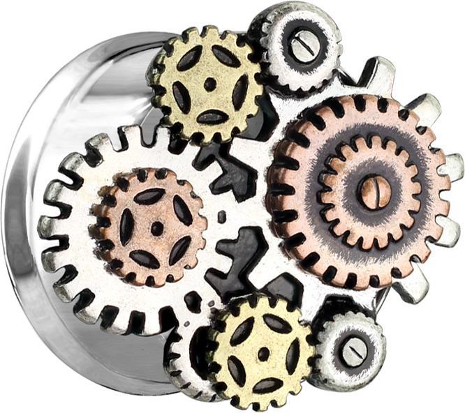 Produktbild Star Piercing Flared Tunnel silber Steampunk Getriebe (Messing, Chirurgenstahl 316L)