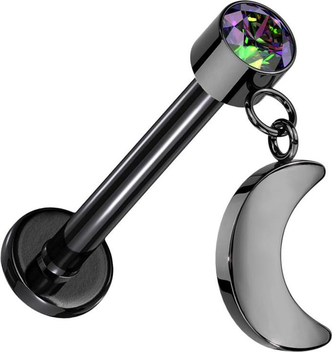 Star Piercing Micro Threadless Labret schwarz Zylinder schwarz Kristall dunkel multicolor Anhänger Mond schwarz (ohne Messing, Titan G23)