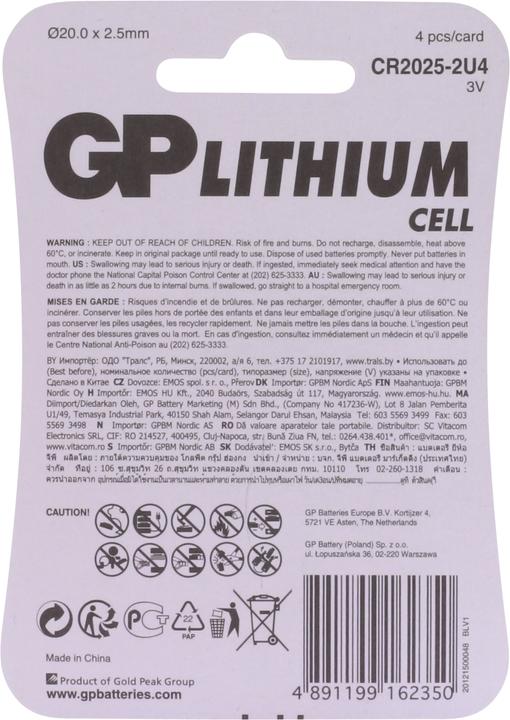 Produktbild GP Batteries CR2025 Lithium (4 Stk., CR2025, 165 mAh)