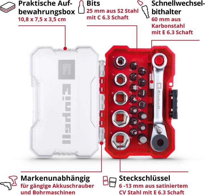 Immagine prodotto Einhell Set di inserti per chiavi a bussola 1/4" (6,3 mm) 21 pezzi 118683 (10 mm, 6 mm, 12 mm, 8 mm, 13 mm)