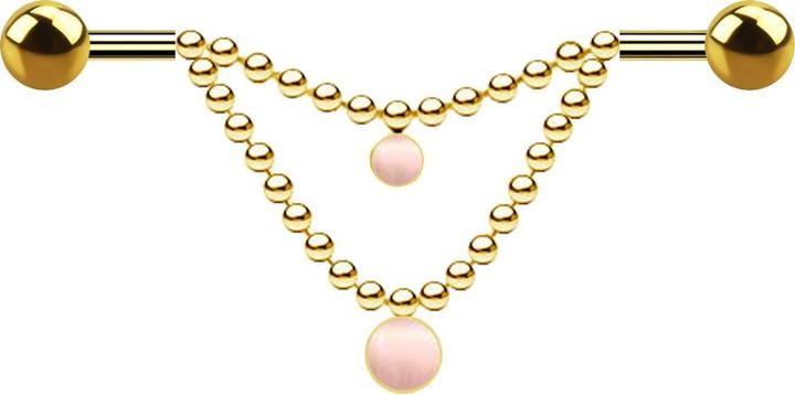 Image du produit Star Piercing Barbell plaqué or deux boules deux chaînes pierre rose oeil de chat (sans laiton, Acier chirurgical 316L, Minéral)