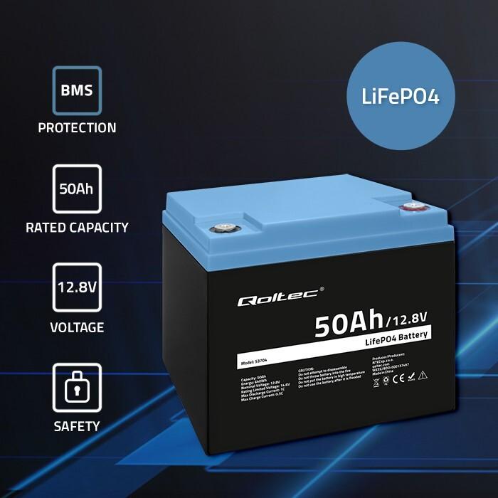 Produktbild Qoltec 53704 LiFePO4 Lithium-Eisenphosphat-Batterie | 12 8V | 50Ah | 640Wh | BMS (12.80 V, 50 Ah)