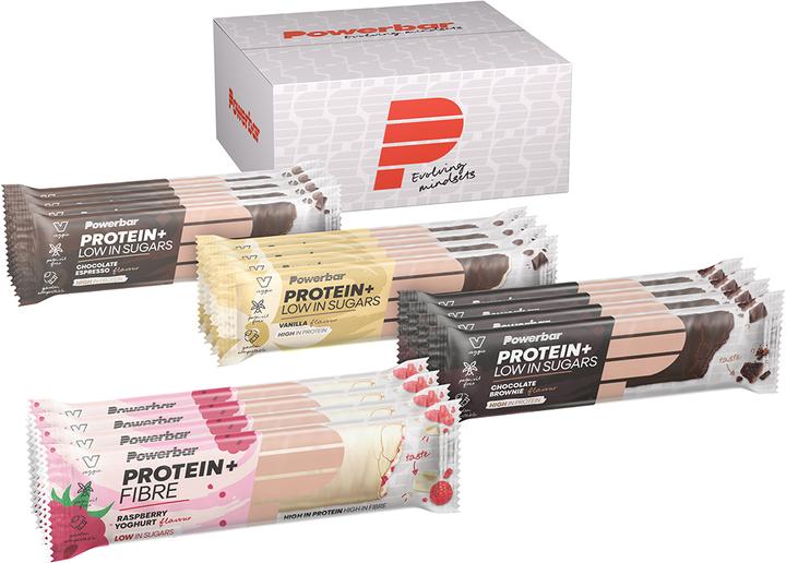 Produktbild Powerbar Protein Plus Low Sugar Multiflavour Box (Schokolade, Vanille, Himbeere, Joghurt, Brownie, Espresso, 16 Stk., 560 g)