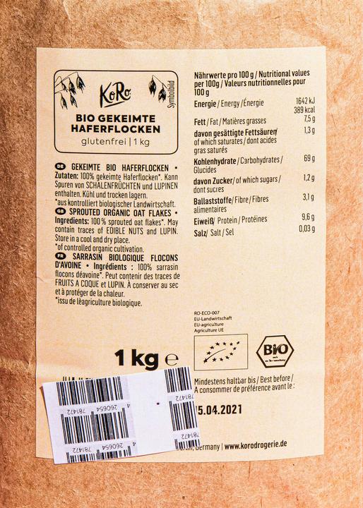 Nährwerte und Zutaten KoRo Gekeimte Bio Kleinblatt Haferflocken (1000 g)