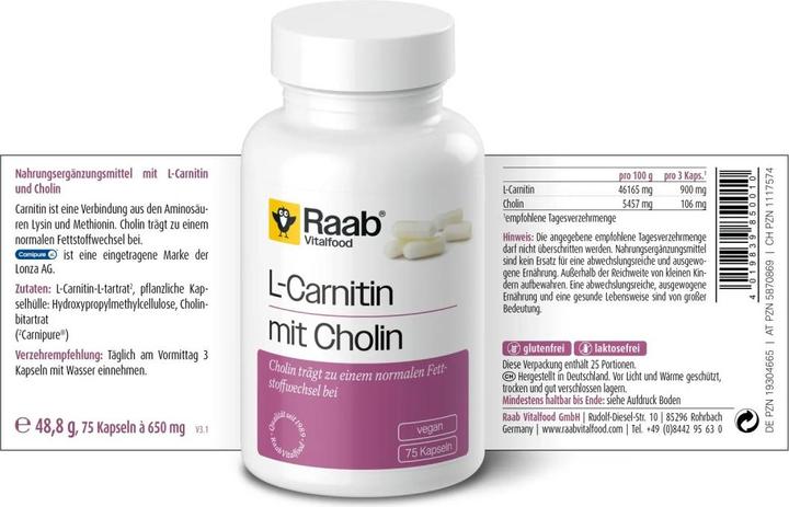 Valeurs nutritives et ingrédients Raab L-Carnitine avec chlorine (75 pièce(s), Capsules)